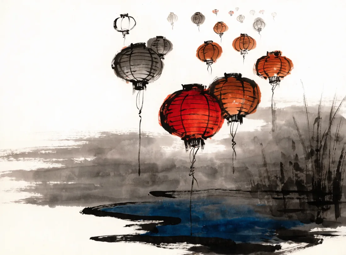 Ink painting of paper lanterns drifting back over water