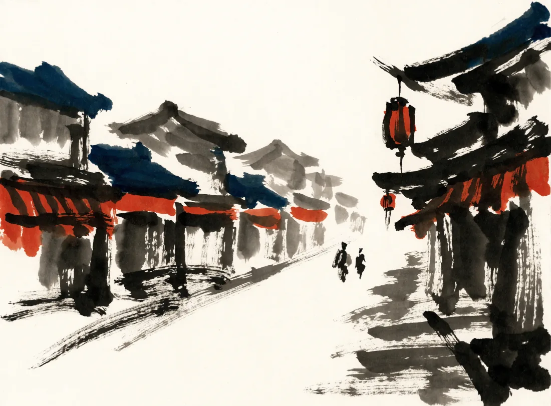 Ink painting of a misty street of tea houses and hanging lanterns